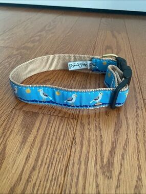 Seagull Print Adjustable Blue Dog Collar with Neutral Webbing